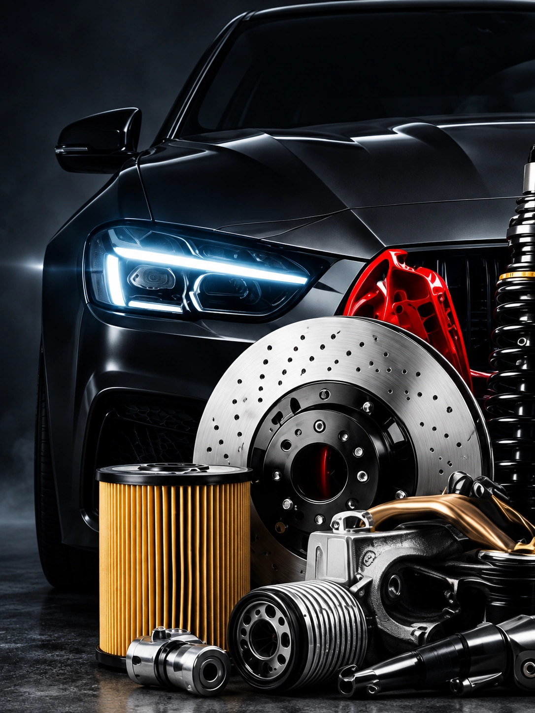 Automobile nera con disco freno, pinza rossa, filtro olio e componenti motore