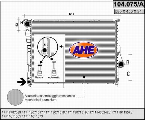 AHE 104.075/A - Radiatore, Raffreddamento motore www.autoricambi360.it