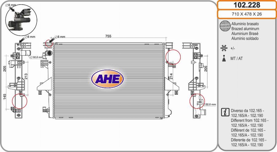 AHE 102.228 - Radiatore, Raffreddamento motore www.autoricambi360.it