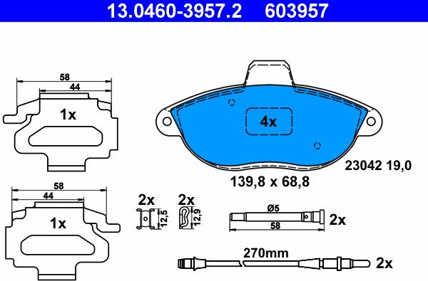 ATE 13.0460-3957.2 - Kit pastiglie freno, Freno a disco www.autoricambi360.it
