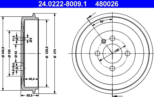 ATE 24.0222-8009.1 - Tamburo freno www.autoricambi360.it