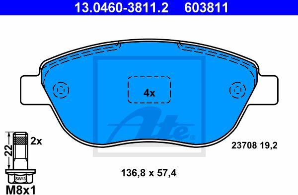 ATE 13.0460-3811.2 - Kit pastiglie freno, Freno a disco www.autoricambi360.it