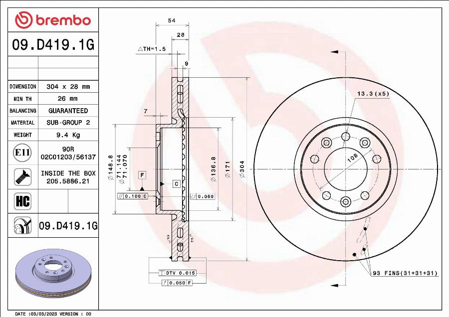 Brembo 09.D419.1G - Discofreno www.autoricambi360.it