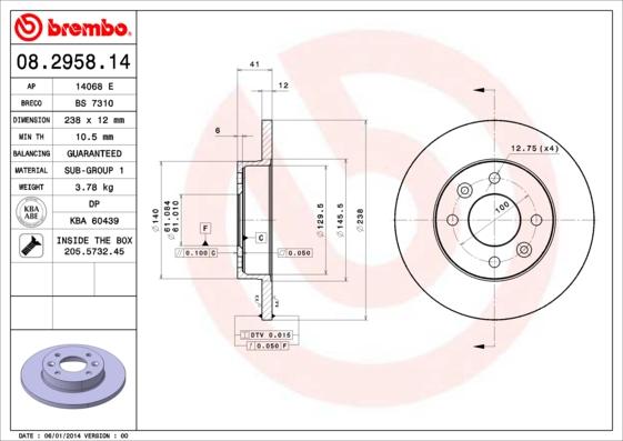 Brembo 08.2958.14 - Discofreno www.autoricambi360.it