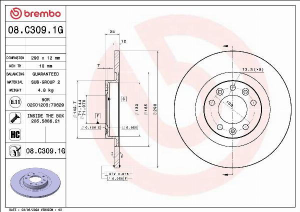 Brembo 08.C309.1G - Discofreno www.autoricambi360.it