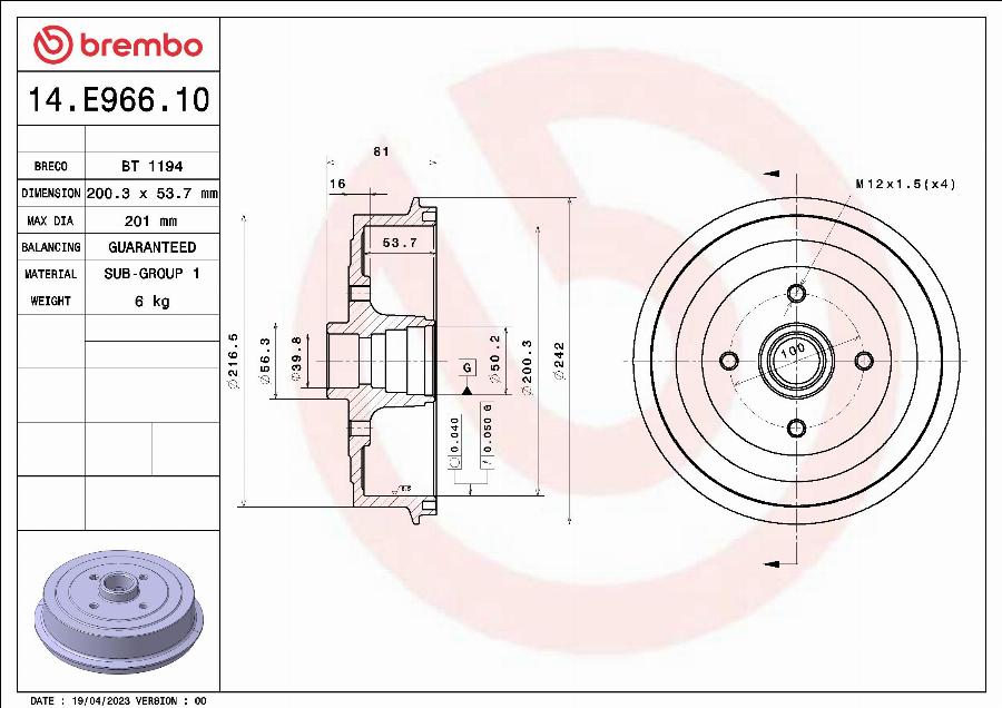 Brembo 14.E966.10 - Tamburo freno www.autoricambi360.it