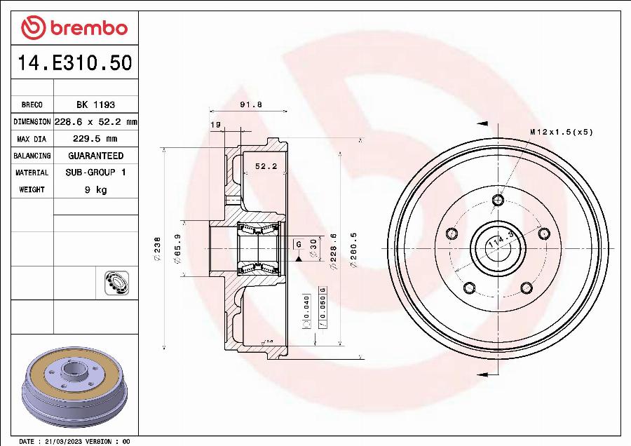 Brembo 14.E310.50 - Tamburo freno www.autoricambi360.it