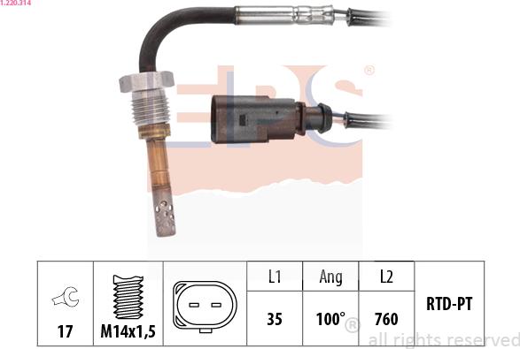EPS 1.220.314 - Sensore, Temperatura gas scarico www.autoricambi360.it