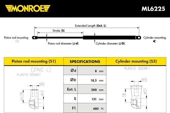 Monroe ML6225 - Ammortizatore pneumatico, Cofano bagagli / vano carico www.autoricambi360.it